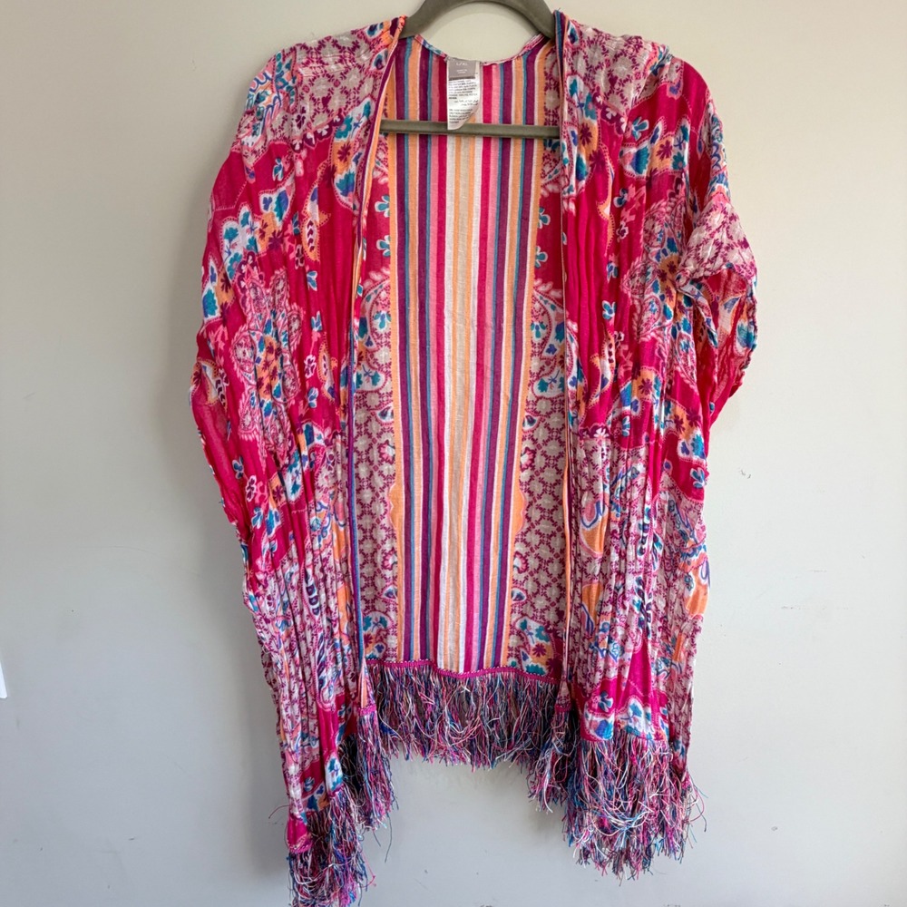 Chico s Kimono Wrap Cardigan Womens L XL Pink Paisley Fringe Flowy Boho Indie